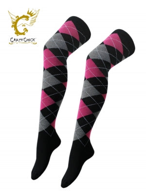 Black with Pink and Grey Argyle OTK socks-0